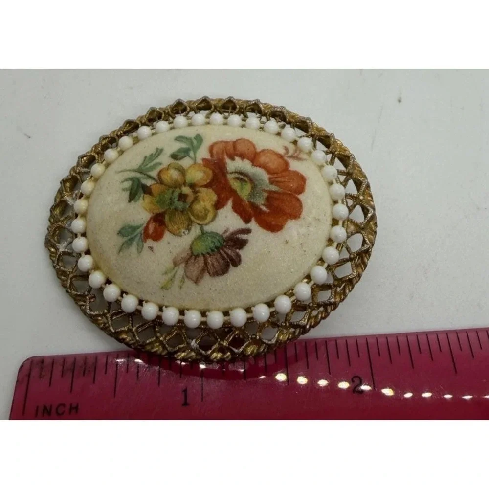 Vintage 1950s W Germany Sugared Cameo Brooch Pin Hand Painted Floral Flower